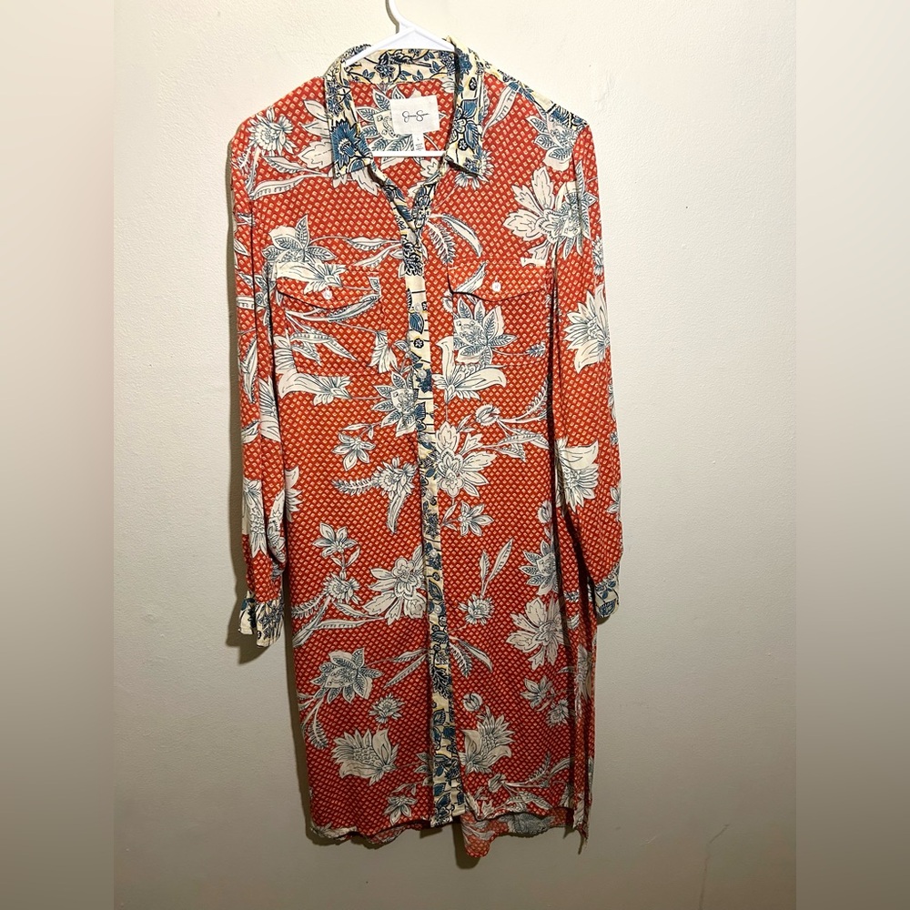 Jessica Simpson Lori Button-Down Duster Shirt Size Large Etched Lotus Floral